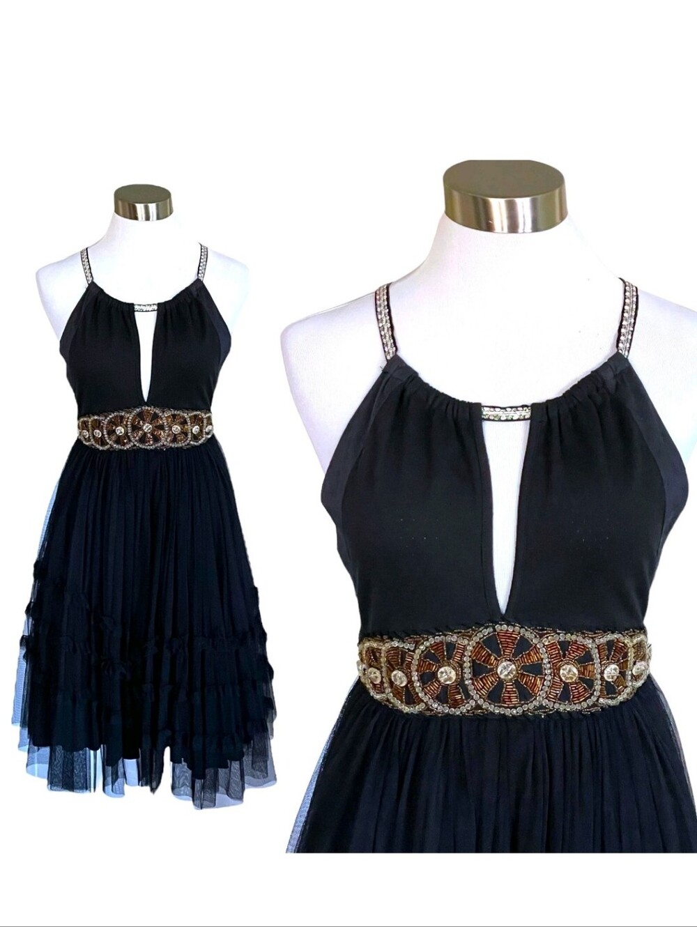 Free People Black Beaded Waist Halter Mini Dress NWT